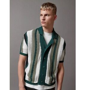 BDG Short Sleeve Crochet Polo Shirt Green White Stripe Button Up